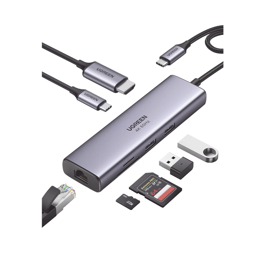 HUB USB-C (Docking Station) 7 en 1 | 2 USB-A 3.0 (5Gbps) | 1 USB-C PD Carga 100W | HDMI 4K@60Hz | RJ45 (Gigabit Ethernet) | Lector Tarjetas SD + Micro SD (TF) Uso Simultáneo | Cable de Nylon Trenzado | Caja de Aluminio.