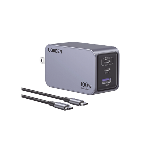 Cargador de 100W serie Nexode Pro | 3 Puertos de Carga Rápida | 2 USB-C | 1 USB-A | Tecnología GaNInfinity | PD3.1 de 100W / QC4.0 | Tecnología de Protección Térmica | Optimiza la Carga | Caja de Aluminio | Incluye Cable