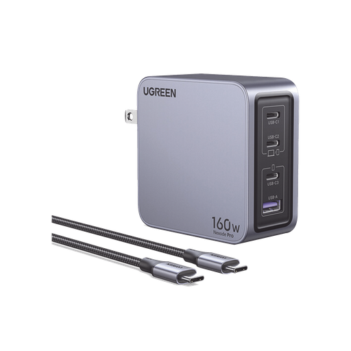 Cargador de 160W serie Nexode Pro | 4 Puertos de Carga Rápida | 3 USB-C | 1 USB-A | Tecnología GaNInfinity | PD3.1 de 140W / QC4.0 | Tecnología de Protección Térmica | Optimiza la Carga | Caja de Aluminio | Incluye Cable